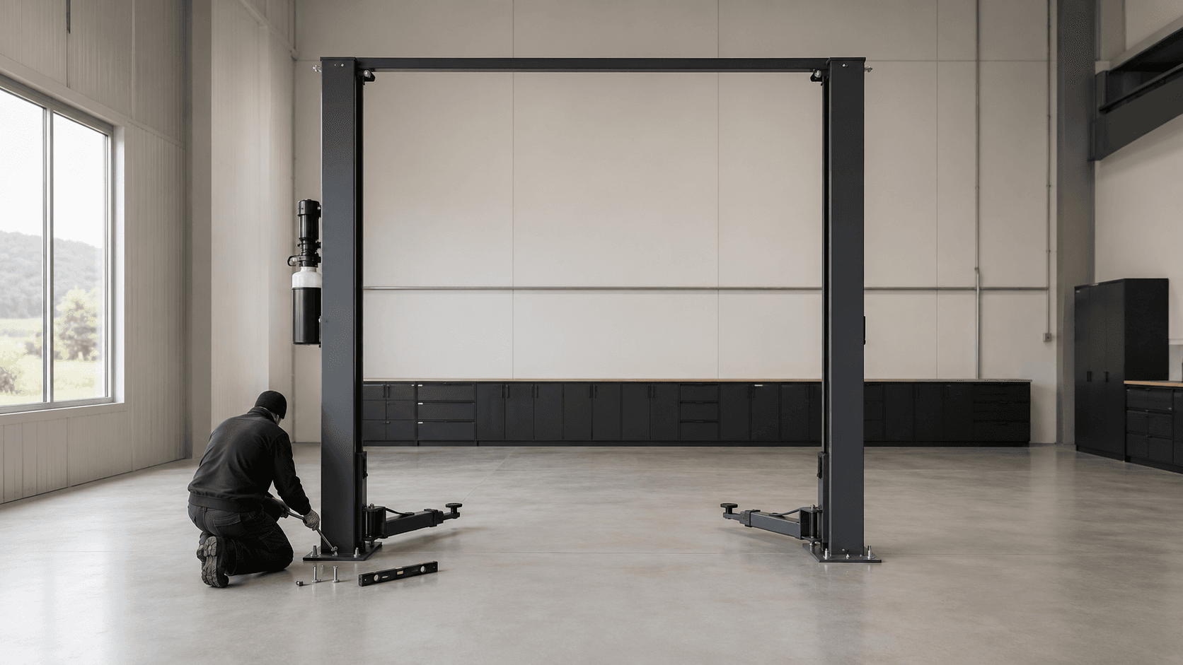 Technician kneeling at the base of a new two-post hoist, anchoring it to the workshop floor