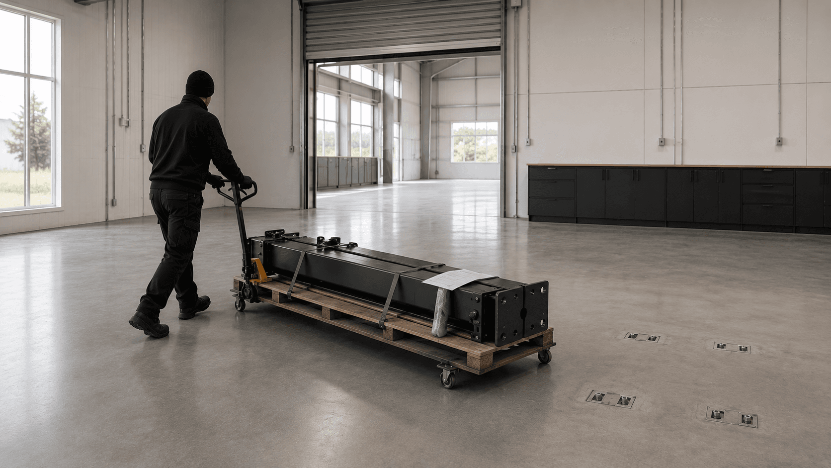 Dismantled hoist column strapped to a pallet trolley being wheeled across an empty workshop