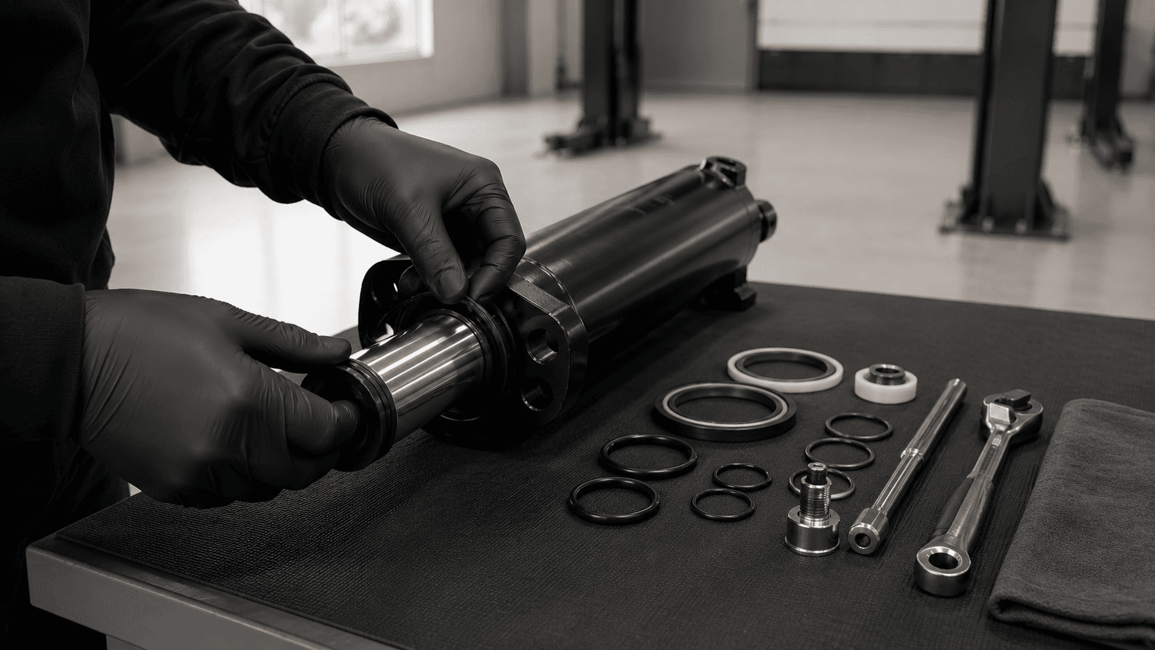 Gloved hands holding a hoist hydraulic cylinder, with seals and tools laid out on a workbench