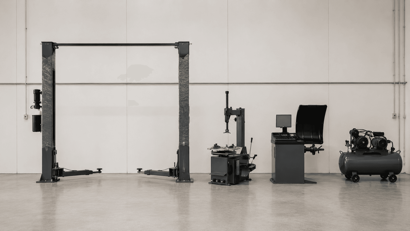 New two-post hoist and workshop equipment lined up in a workshop