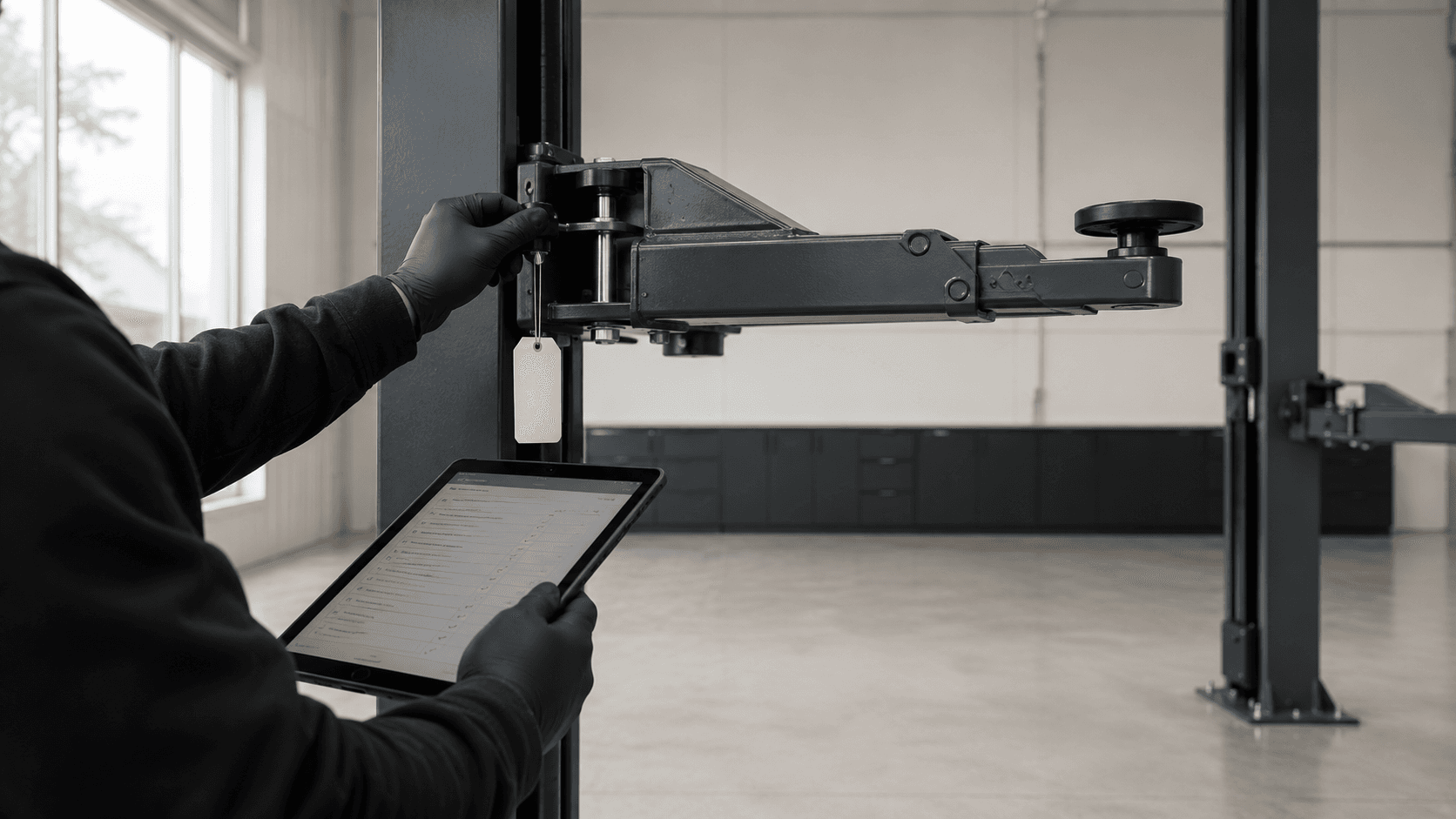 Engineer holding a tablet while inspecting the lift arm of a two-post hoist, certification tag attached